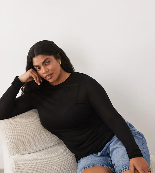  Asos Design Curve Sheer Knitted Soft Touch Ruched Side Top In Black 