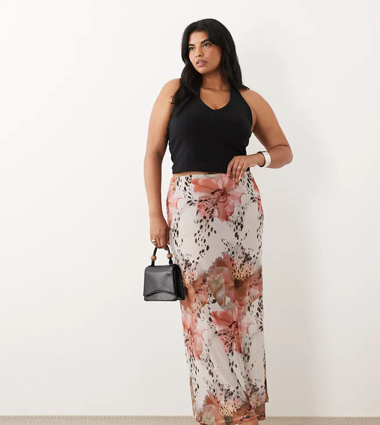  Asos Design Curve Sheer Mesh Maxi Skirt In Spotted Floral Multi 