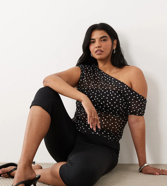  Asos Design Curve Sheer Mesh Ruched Off Shoulder Asymmetric Top In Black Polka Dot Multi 