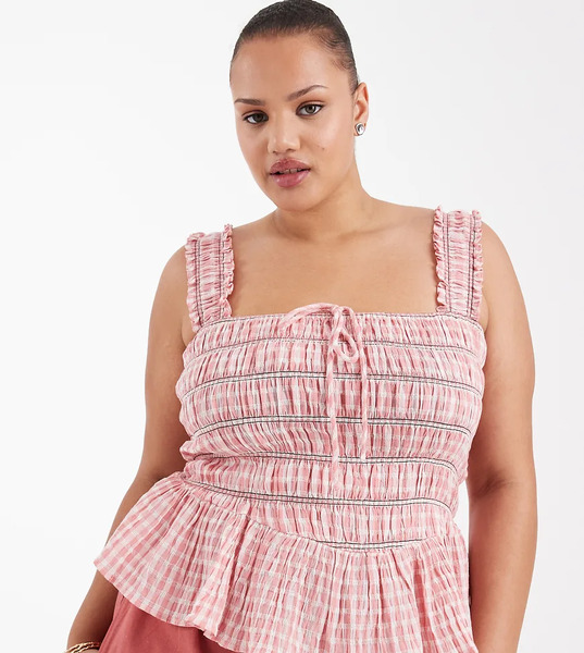  Asos Design Curve Shirred Channel Wide Strap Cami In Gingham Multi 