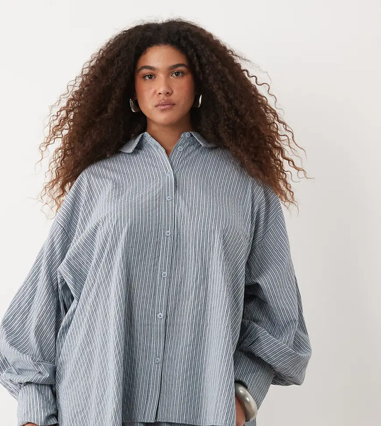  Asos Design Curve Shirt In Blue Stripe 