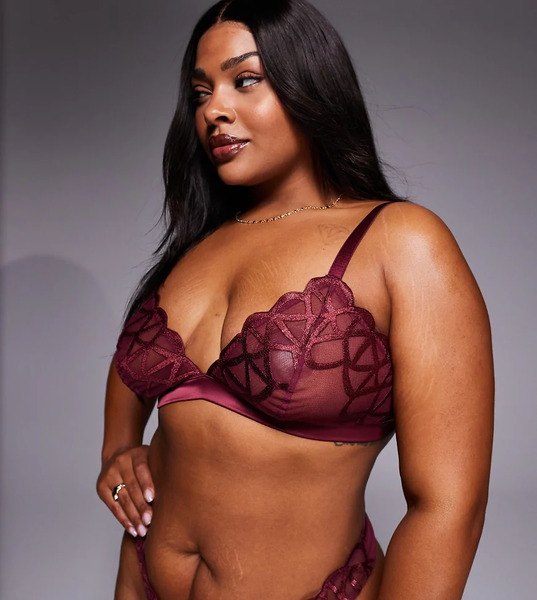  Asos Design Curve Simone Premium Fine Embroidery Triangle Bra With Satin Binding In Burgundy Jewel Red 