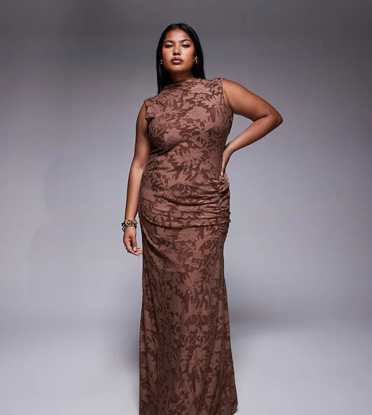  Asos Design Curve Sleeveless High Neck Devore Maxi Dress With Ruched Skirt Detail In Chocolate Brown 