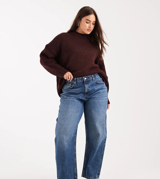  Asos Design Curve Slim Barrel Leg Jeans In Mid Blue 