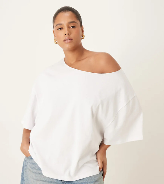  Asos Design Curve Slouchy Off Shoulder Oversized Tee In White 