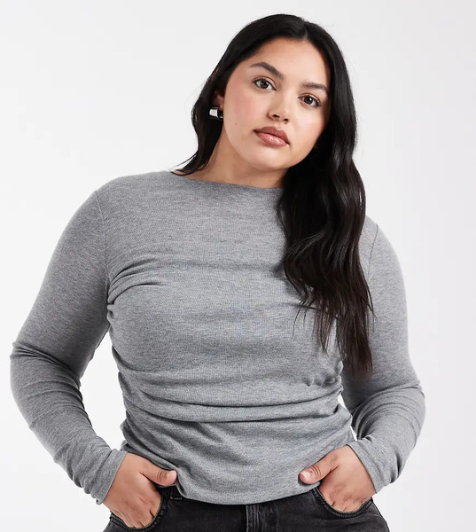  Asos Design Curve Soft Jersey Drape Long Sleeve Top In Grey Marl 