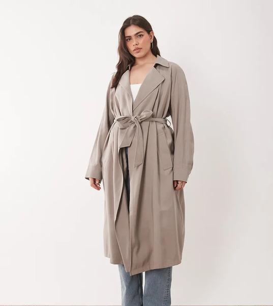  Asos Design Curve Soft Longline Trench In Mushroom Grey 