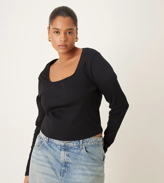  Asos Design Curve Square Neck Rib Long Sleeve Top In Black Multi 