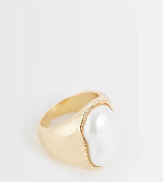  Asos Design Curve Statement Faux Freshwater Pearl Ring In Gold Tone 