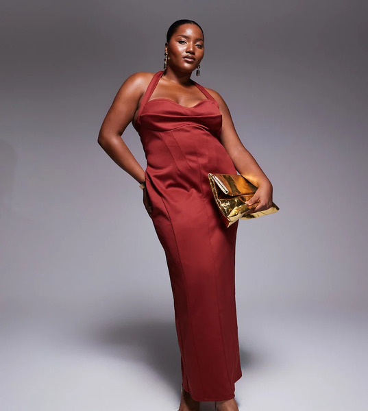 Asos Design Curve Structured Corseted Midi Dress In Dark Cherry 
