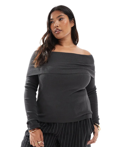 Asos Design Curve Structured Off The Shoulder Bardot Top In Charcoal Grey 