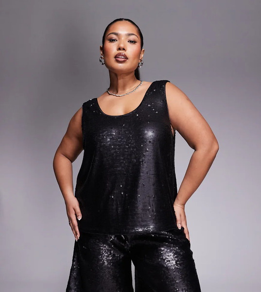  Asos Design Curve Tailored Sequin Sleeveless Co Ord Top In Black Gold 