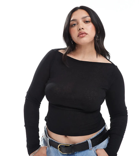  Asos Design Curve Textured Mesh Slash Neck Long Sleeve Top In Black 