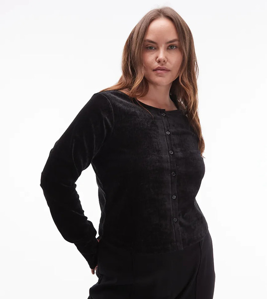  Asos Design Curve Textured Velvet Button Through Top In Black Brown 
