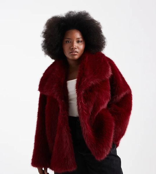  Asos Design Curve Top Collar Faux Fur Coat In Red 