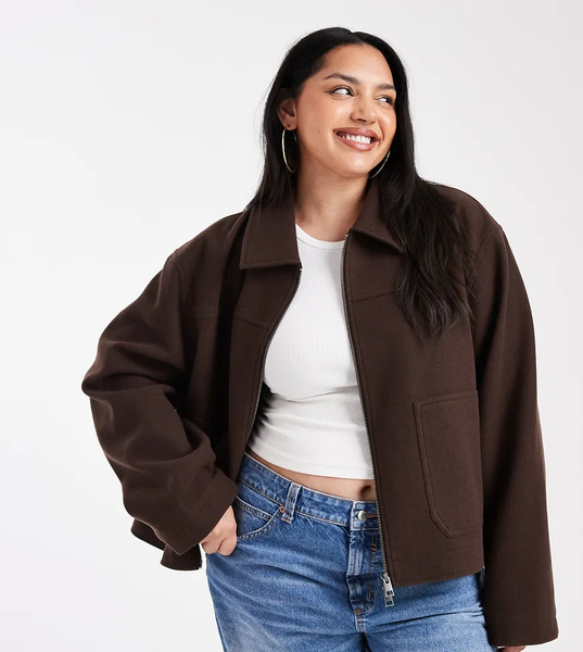  Asos Design Curve Top Collar Zip Through Jacket In Chocolate Brown 