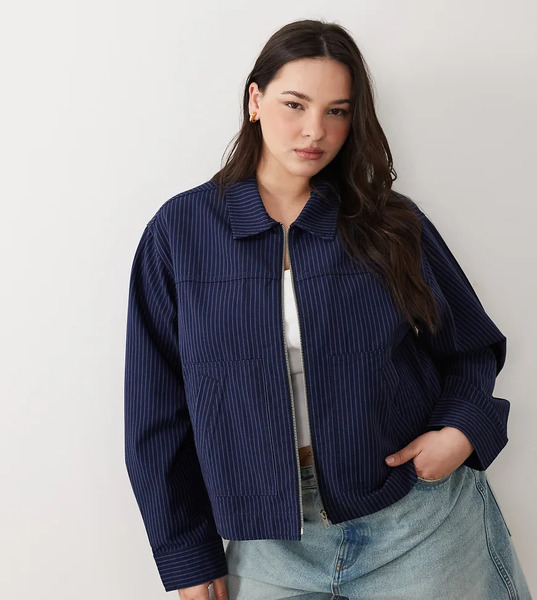 Asos Design Curve Top Collar Zip Through Jacket In Navy Stripe 