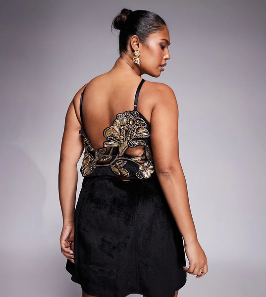  Asos Design Curve Velvet Structured Mini Dress With Cutwork Embellishment In Black 
