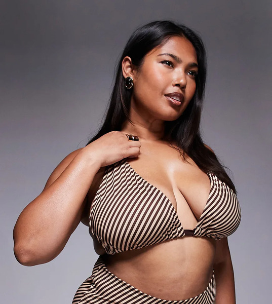  Asos Design Curve Vivienne Chocolate Stripe With Gold Loop Hardware Bikini Top Brown 