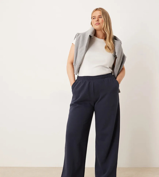  Asos Design Curve Wide Leg Brushback Jogger In Navy 