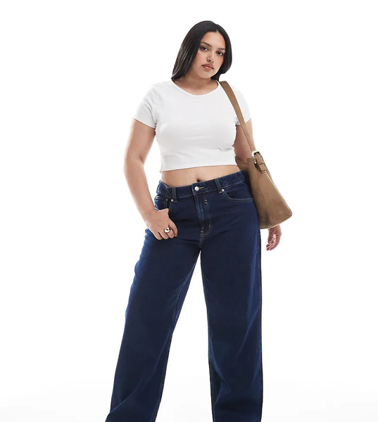  Asos Design Curve Wide Leg Dad Jean In Rinse Navy 