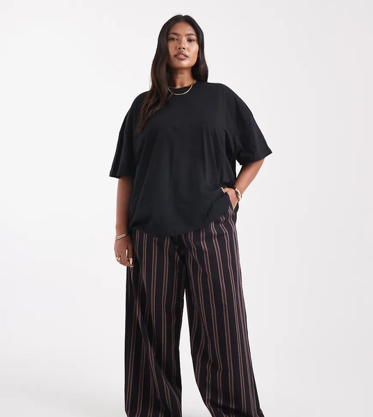  Asos Design Curve Wide Leg Pull On Trousers In Stripe Multi 