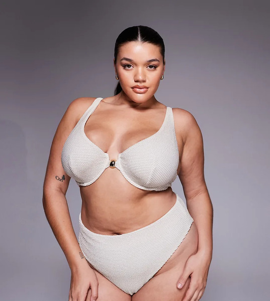  Asos Design Curve Winter Crinkle Marina Del Rey Underwire High Apex Bikini Top With Hardware In Metallic Cream Neutral 