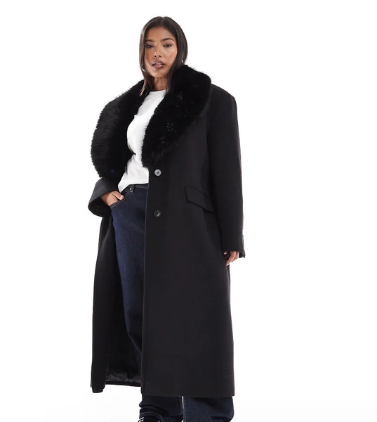  Asos Design Curve Wool Blend Dad Coat With Faux Fur Collar In Black 