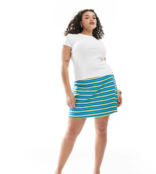  Asos Design Curve Wrap Skort In Blue & Green Stripe Multi 