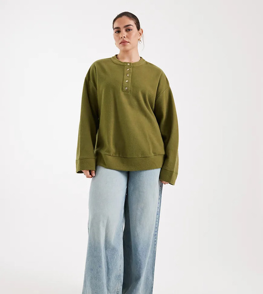  Asos Desin Curve Supersoft Oversized Henley Jumper   Khaki   Dgreen 