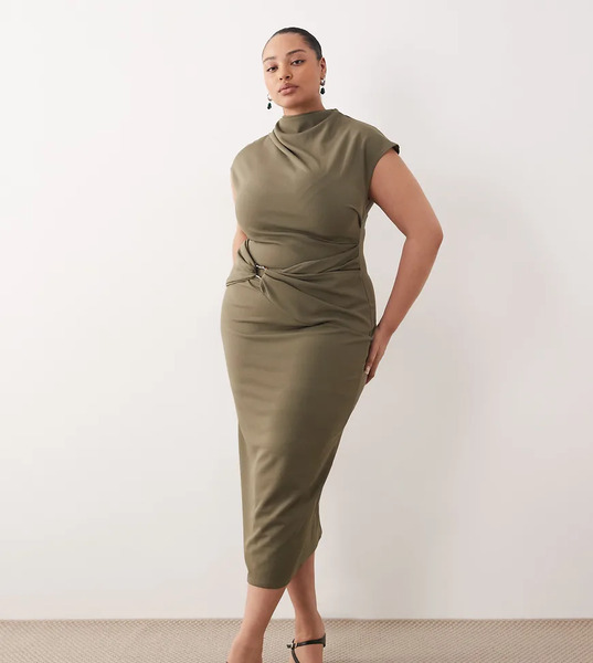  Asos Curve Cap Sleeve Wrap Trim Midi Dress In Khaki Green 