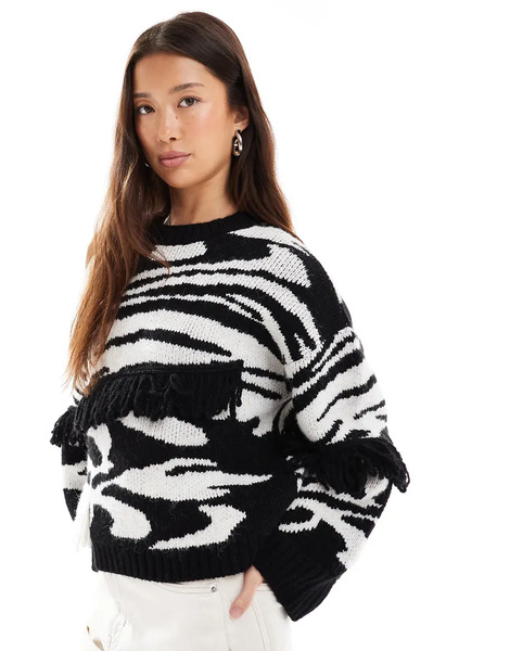  Asos Design Abstract Pattern Fringed Jumper In Mono Multi 