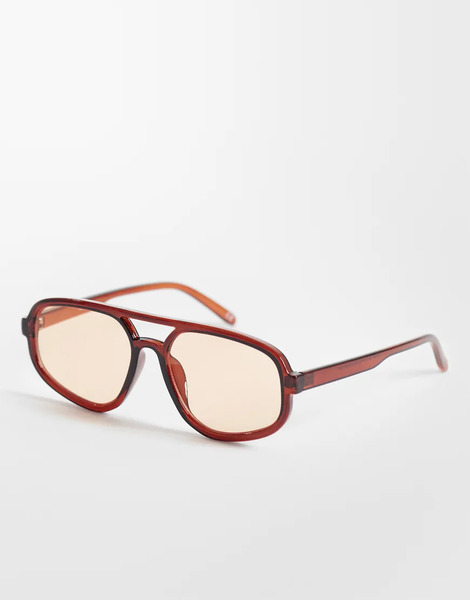  Asos Design Angular Aviator Sunglasses In Crystal Brown With Light Yellow Lens 