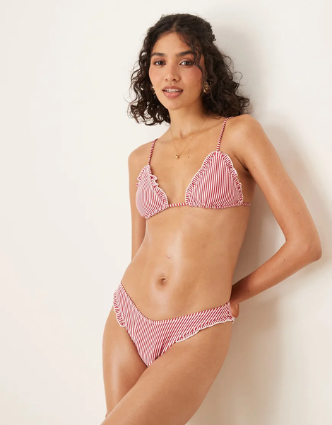  Asos Design Anna Seersucker Triangle Bikini Top In Burgundy Stripe Red 