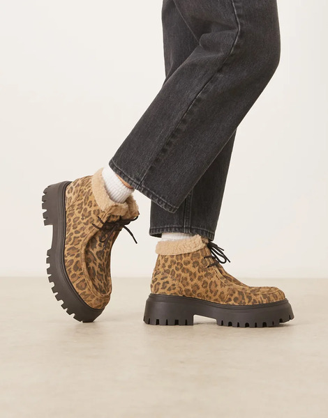 Asos Design Arlo Chunky Desert Boot With Borg Collar In Leopard Suede Multi 
