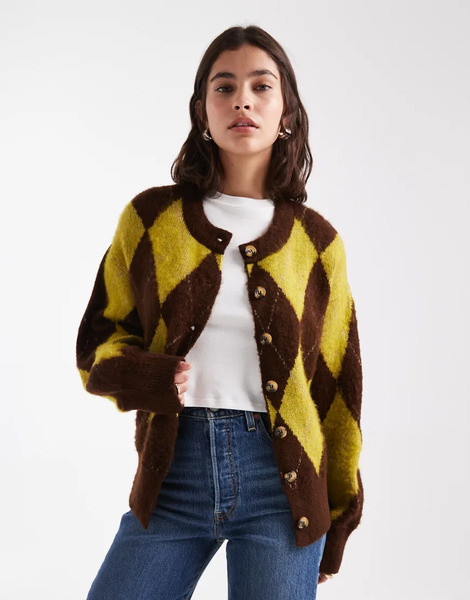  Asos Design Arygle Oversized Boxy Cardigan In Chocolate And Olive Neutral 