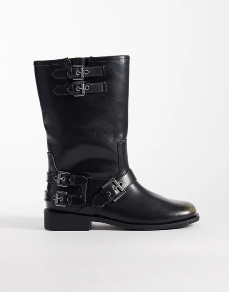  Asos Design Asher Flat Biker Boots In Black Burnish 