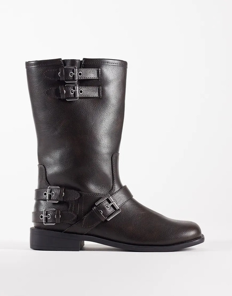  Asos Design Asher Flat Biker Boots In Brown Burnish 
