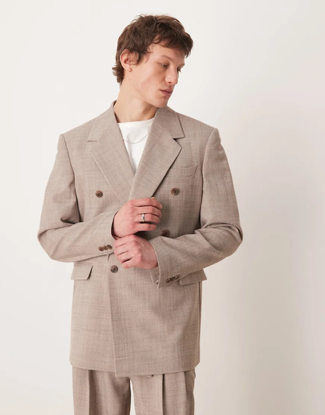  Asos Deisgn Relaxed Square Shoulder Suit Jacket In Beige Crosshatch Neutral 