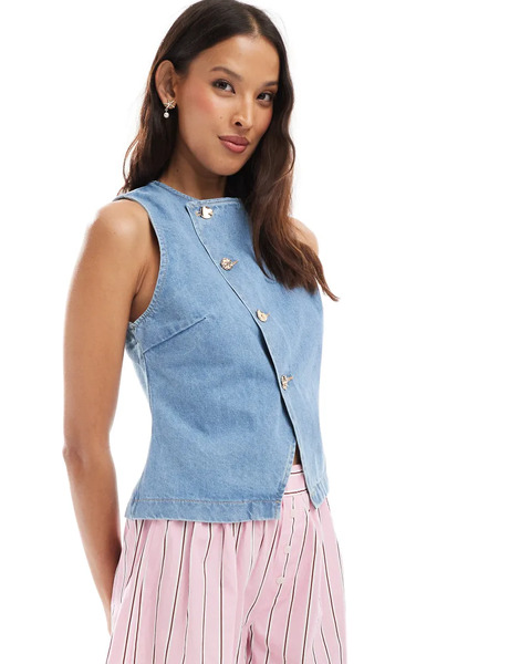  Asos Design Asymmetric Cross Front Top With Gold Buttons In Light Mid Blue 