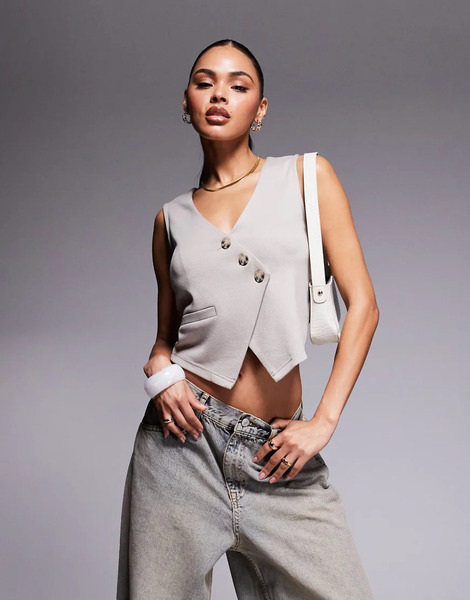  Asos Design Asymmetric Waistcoat Top In Stone Neutral 