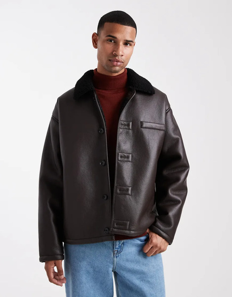  Asos Design Aviator Jacket With Borg Collar In Brown 