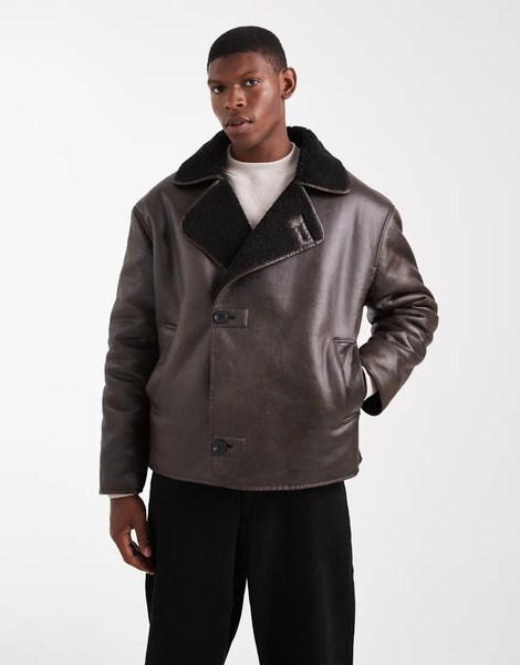  Asos Design Aviator Jacket With Borg Collar In Brown 