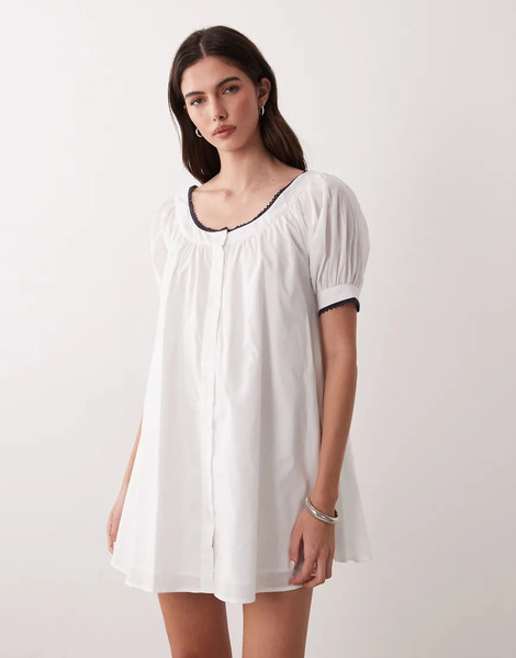  Asos Design Babydoll Button Down Mini Dress In White Multi 