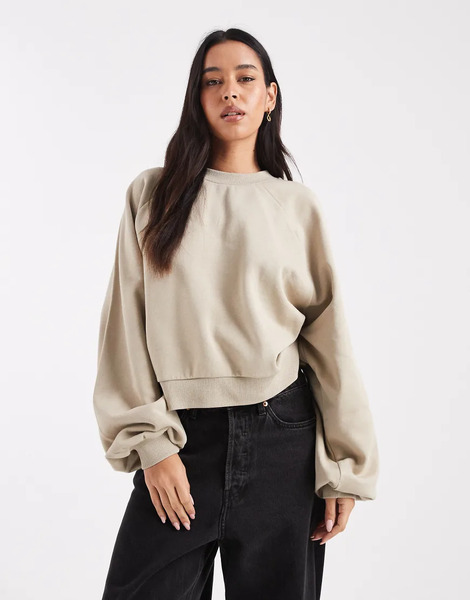  Asos Design Balloon Sleeve Sweat In Stone Neutral 