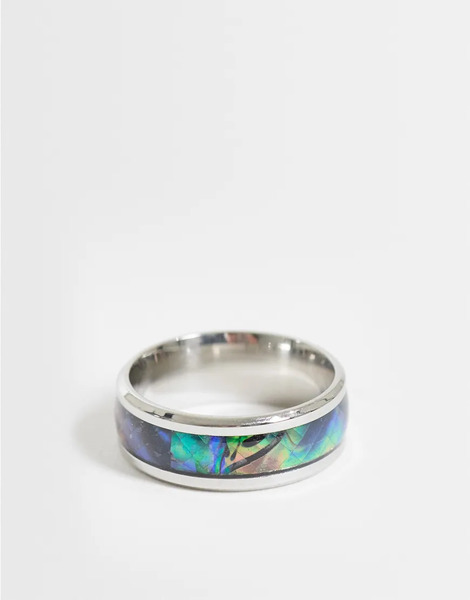  Asos Design Band Ring With Marble Detail In Silver 