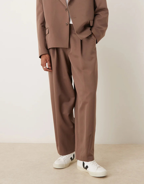  Asos Design Barrel Leg Suit Trousers In Brown 