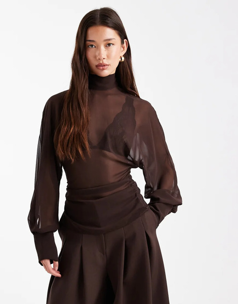  Asos Design Batwing High Neck Blouse In Chocolate Brown 