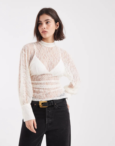  Asos Design Batwing High Neck Blouse In Ecru White 