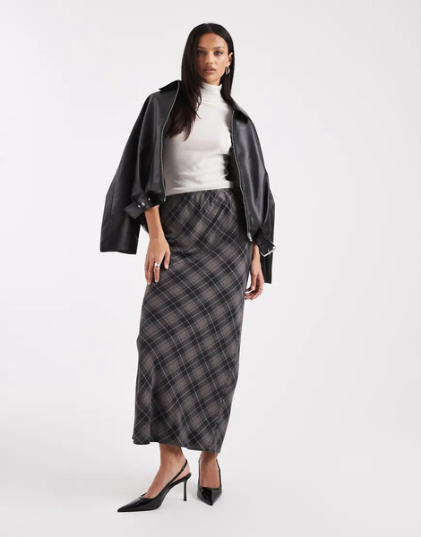  Asos Design Bias Maxi Skirt In Brown Brushed Check Multi 